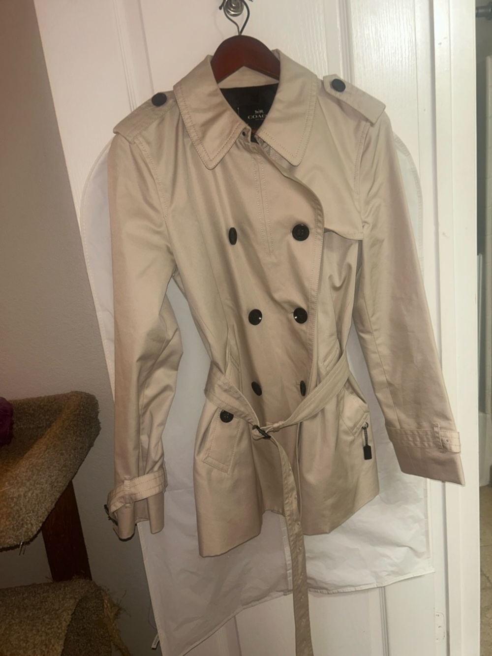 Coach Beige Double-Breasted Trench Coat with Belt